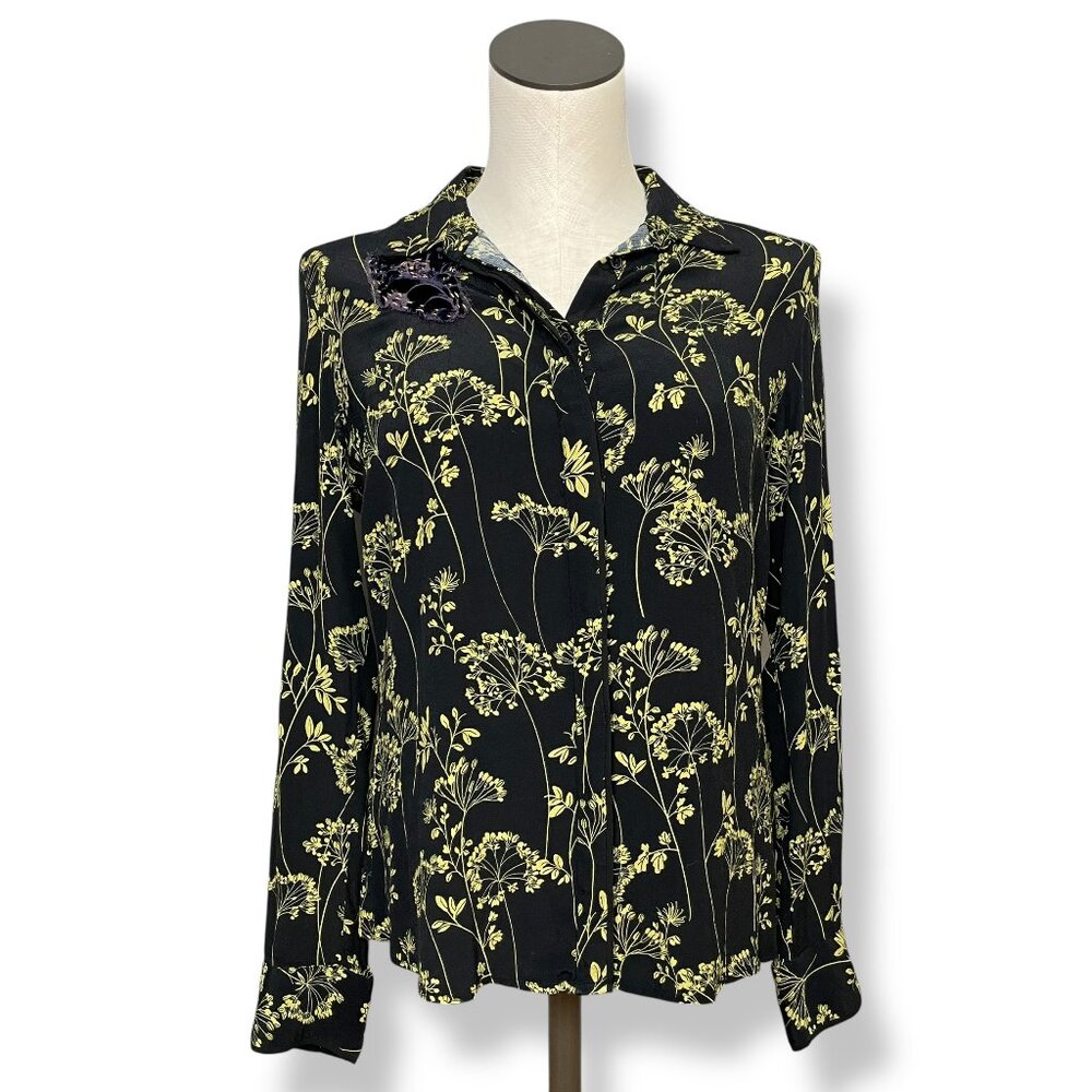 Cue Blouse Black Floral‎ Artistic Mending FLAWS Black Long Sleeve Size 8 Women
